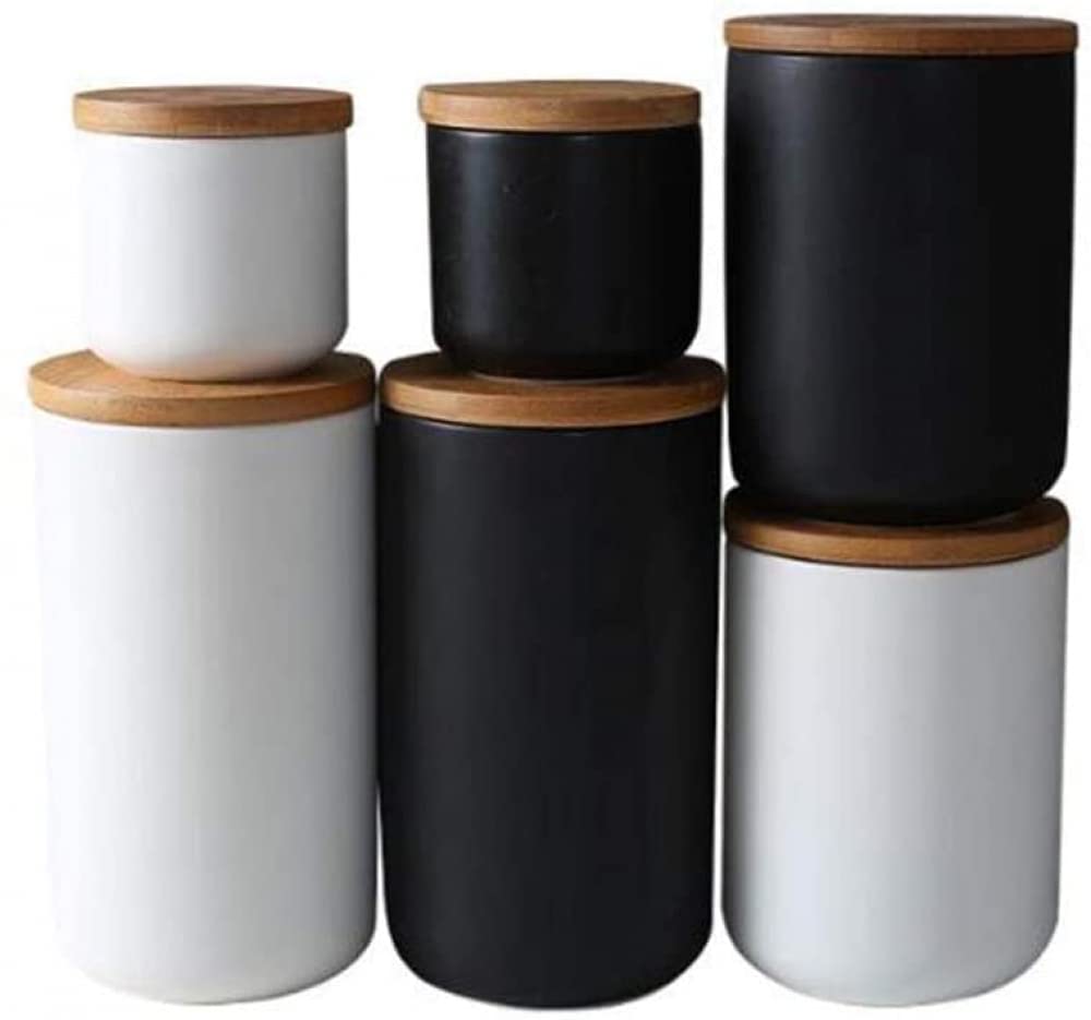 Keramik Tee Vorratsdose mit luftdichtem Holzdeckel Keramik Trockenfutter Vorratsdose Dose Tee Zuckerspender zum Servieren von Tee Kaffee Gewürz-Blanc 10.3 * 14.5CM