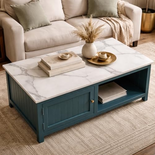 Image of Solid Wood Center Table Premium Sintered Stone Coffee Table for Living Room Wooden Centre Table Premium Acrylic Emerald Green Finish 110 x 60 x 40 cm