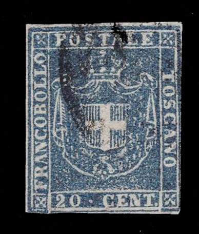 Sello postal de Toscana de 1860: ejemplar de 20 Cent SAS.20 usado para álbum