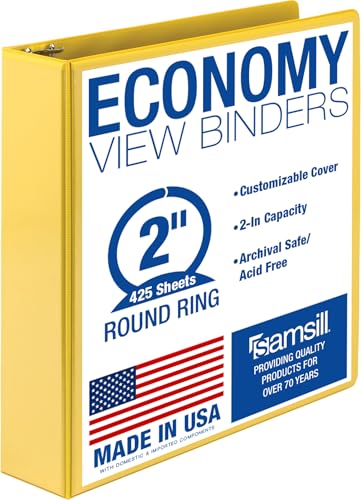 Samsill Economy 3 Ring Binder Organizer 2 Inch Round Ring Binder Customizable Clear View Cover Yellow Binder