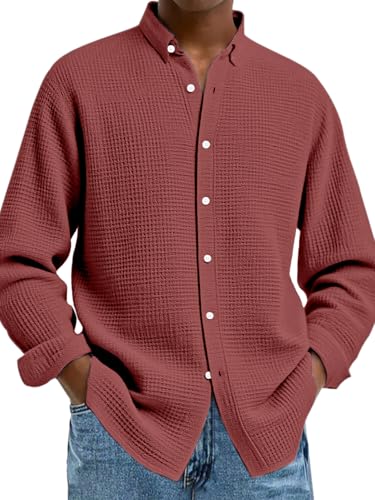 Mokaloha Mens Long Sleeve Shirts Waffle, Men's Casual Solid Color Waffle Button Long Sleeve Shirt