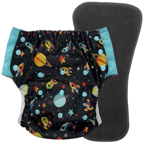 EcoAble Big Kids’ Pull-On Cloth Diaper, Age 6–16 | Reusable Potty Training & Incontinence Briefs for Special Needs Children (Blast Off, Junior 1)