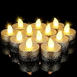 Rossesay 24 Pcs Flameless LED Tea Lights Gold Black Glitter Flickering Fake LED Candles Tealights Battery Operated Romantic Anniversary Decorations Winter Decor for Valentines Wedding Christmas Party