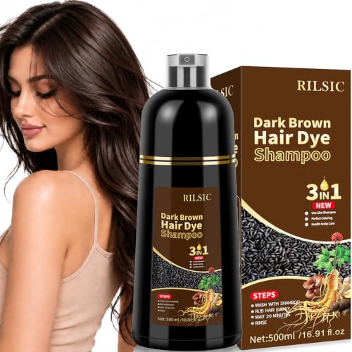 Hair Dye Shampoo 3 en 1 Cubre Canas, 500ML Black Hair Dye Shampoo 3 en 1,Hair Color, Champú Color Tinte Pelo Barba Champu Canas Instantáneo (Castaño Oscuro, 500)