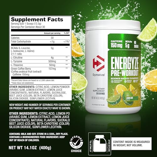 Image of Dymatize Energyze Pre Workout Powder for Men and Women, Lemon Lime Flavor, 150mg Caffeine, 5g BCAAs, Performance Blend of L-Theanine, L-Tyrosine, L-Citrulline, No Sugar, 30 Servings