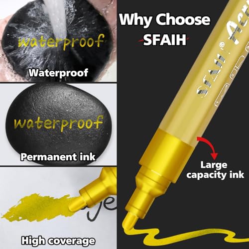 Image of SFAIH Gold & Silver Acrylic Paint Pens, 0.7mm Extra Fine 2-3mm Medium Tips | High Coverage, High‑capacity Ink, 8 Count Pens, Rock Painting, Wood, Metal, Fabric, Plastic, Canvas, Glass, Ceramic