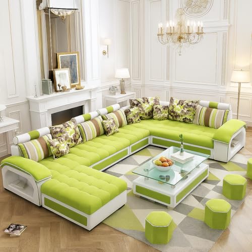 Image of Brown Maple U-Shape Sectional Sofa Set for Home | 10-Seater Fabric Sofa with Tea Table & 4 Puffy | Spacious Seating for 14 Persons | Pre-Assembled, Modern Comfort Design(Green)