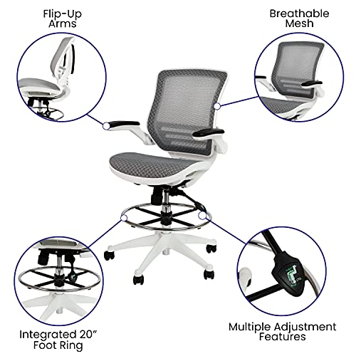 Image of Flash Furniture Waylon Mid-Back Swivel Office Chair with Adjustable Foot Ring and Seat Height, Ergonomic Mesh Chair with Armrests, Gray /White
