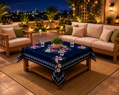 Image of Floral Dining Table Cover for 4 Seater | 58 x 38 Inch Rectangle Polyester Table Cloth | Washable Fabric Table Cover for Dining Table | Dust & Scratch Protection | Blue Saffron
