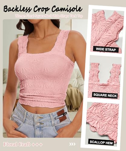 Women’s Square Neck Wide Strap Flower Cropped Tank Top Backless Lettuce Trim Slim Fit Love Letter Cami Vest2