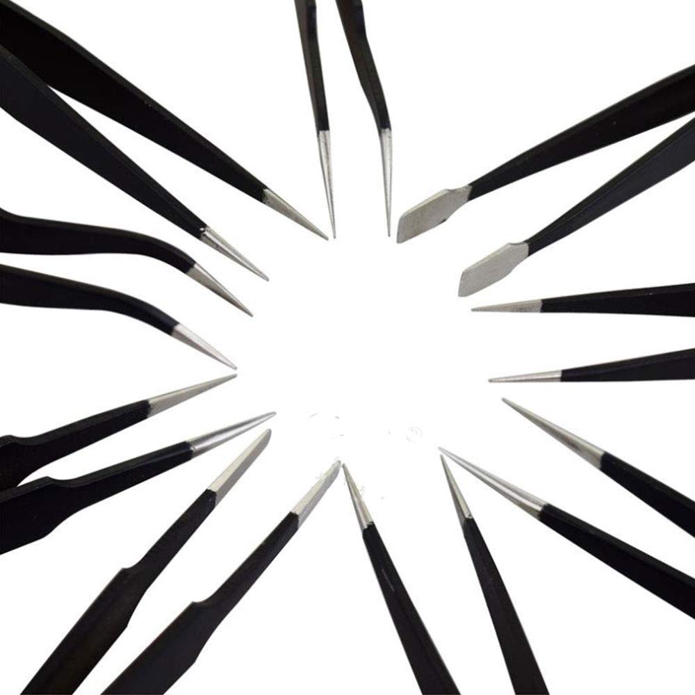 Set di 9 pinzette per sopracciglia, in acciaio inox, con sacchetto di raccolta, 2 colori, pinzette curve, per artigianato, gioielli, elettronica, lavoro di laboratorio