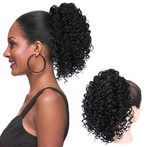 HMD Afro Curly Ponytail Drawstring Ponytail Hair Extension Clip in Puff Extension Natural Synthetic Ponytail Hairpiece Jerry Ponytail for Women (Color:1#)