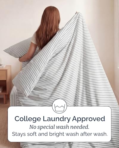 Image of Duvet Cover Queen Size Set - Extra Soft Queen Duvet Cover 90 inch x 90 inch with 2 Pillow Shams for Women, Men, Kids & Teens - Hotel Luxury w / Zipper Closures & Ties - Comfy, Cozy & Breathable (Beige Stripes)
