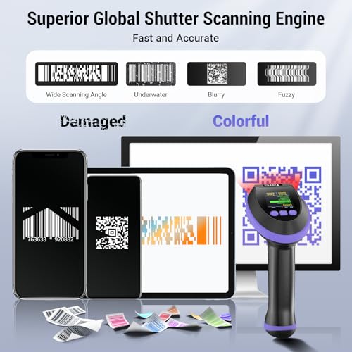 Image of Tera Barcode Scanner Wireless 2D with Stand: Pro Version Digital Setting Screen Keypad Works with Bluetooth 2.4G Wireless USB Wired Extra Fast Scanning Speed Handheld Bar Code Reader HW0009-Z Purple