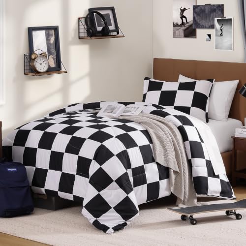 Image of Andency Checkered Comforter Queen(90x90Inch), Black White Plaid Gingham Bed Set for Teen Boys Kids, Lightweight Polyester Geometric Preppy Bedding, 3 Pieces