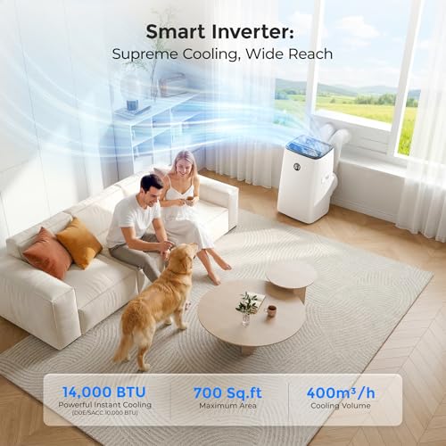 Image of 14000 BTU Inverter Portable Air Conditioners, Dual Hose Portable AC for Large Room up to 700 sq. ft, 3-in-1 Self-Evaporating AC Units with Fan & Dehumidifier, Quiet Sleep Mode(42dB), Auto Swing