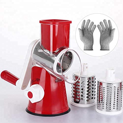 KARIDGE Rotary Cheese Grater with Cut Resistant Gloves, Kitchen Round Mandoline Veggie Slicer