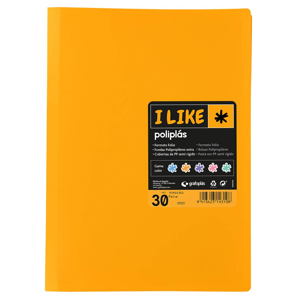 Grafoplas 1471355 Folder with 30 Sleeves, Welded Mandarin Polyplasen I Like, 30 Fundas