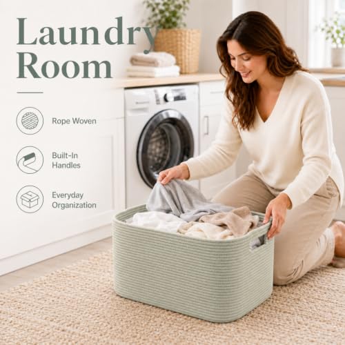 Image of 12.8GAL Small Cute laundry basket for nursery, Boho Square storage basket for Living Room Decor, Kids Girls Boys Toys Stuffed Animal Decorative Short Hamper for Dirty Clothes, Bath Towel Sage Green