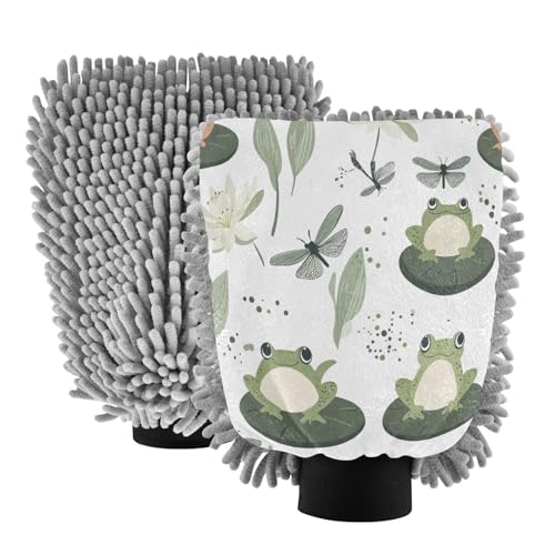 STAYTOP Cute Cartoon Frogs Car Wash Mitt Microfiber, 2Pcs Scratch Free Lint-Free, Premium Chenille Microfiber Mitt Car Wash Brush-L
