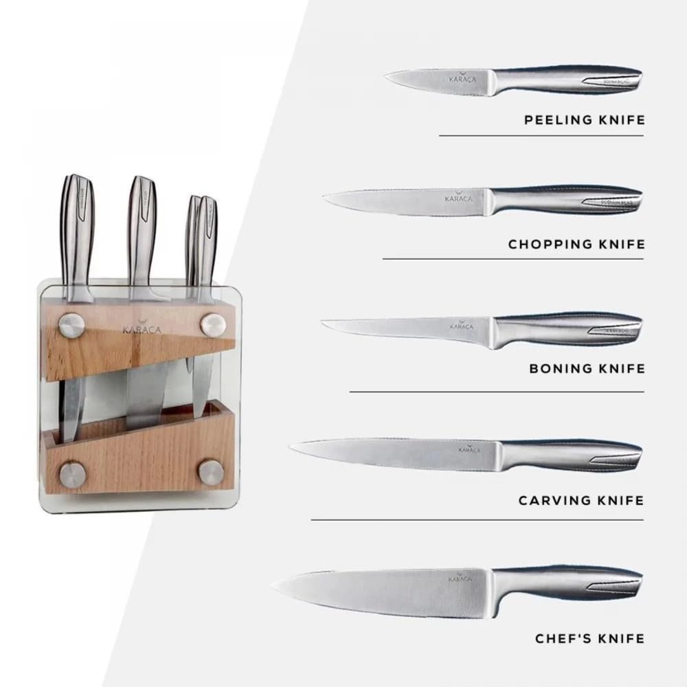 Karaca Venüs - Messerblock mit Messer 6-teiliges Set, Messerset Scharf im Glass-block, Edelstahl Küchenmesser, Brotmesser, Kochmesser Set