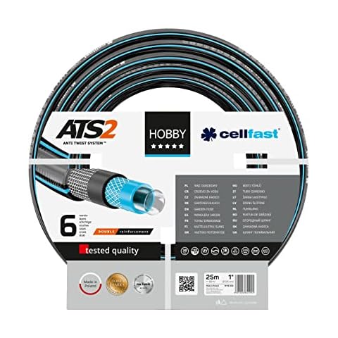 Cellfast Garden Hose Hobby ATS2 1'' 25m, Flexible 6-Layer Hose, Double Braid with Cross and Tricot Fabric, 30 Bar Burst Pressure, 16-230 Cover