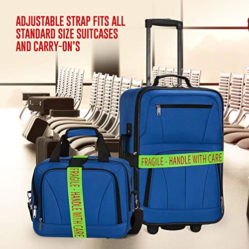 2 Pack - Bright Luggage Straps - Fragile - Handle with Care - for Airports/Travel - These Adjustable Straps Fit Almost All Suitcases Neon Green2