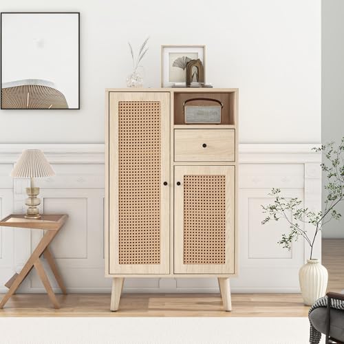 QXJVA Cómoda con aspecto de ratán, 101 cm de alto, 60 cm de ancho, con cajón y 2 puertas, aspecto de madera, para comedor y pasillo, mucho espacio de almacenamiento