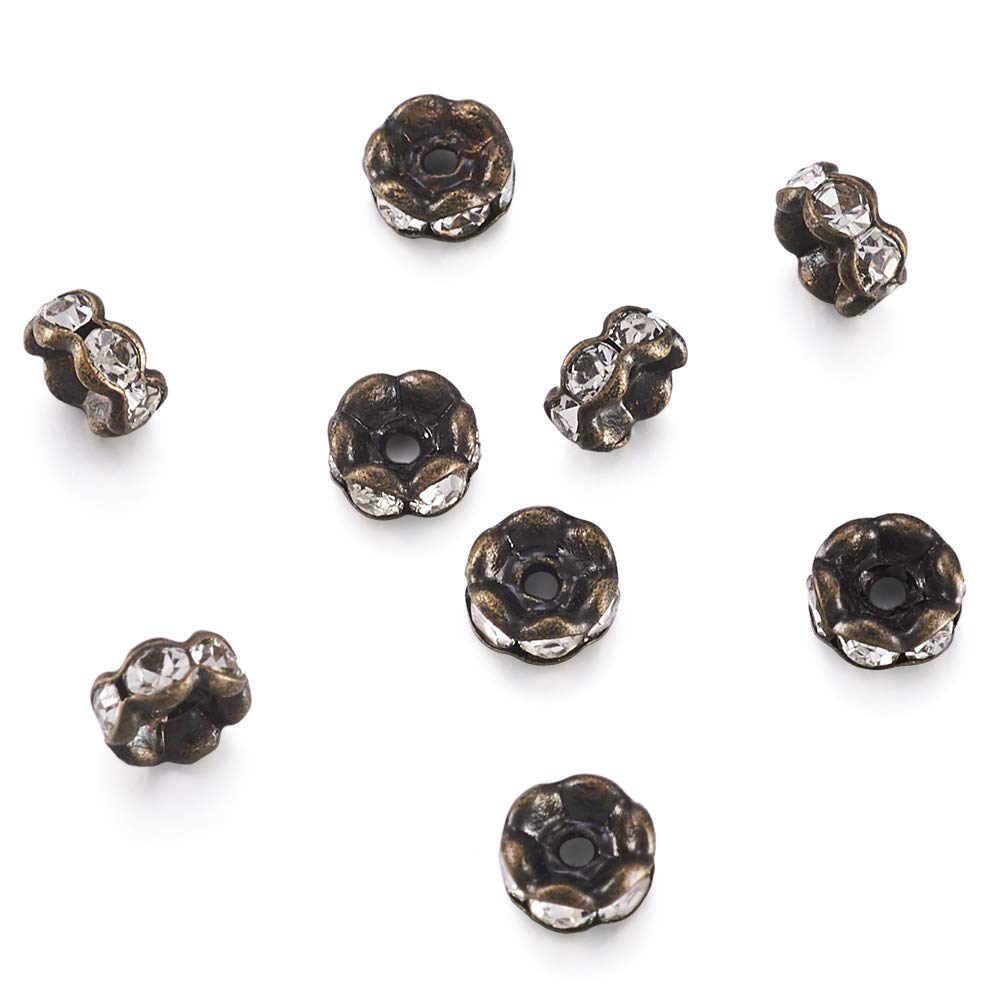 PandaHall 200pcs Rondelle Rhinestone Spacer Beads 4mm Antique Bronze Plated Clear Crystal Loose Beads for Necklaces Bracelets Jewelry Making, Wavy Edge