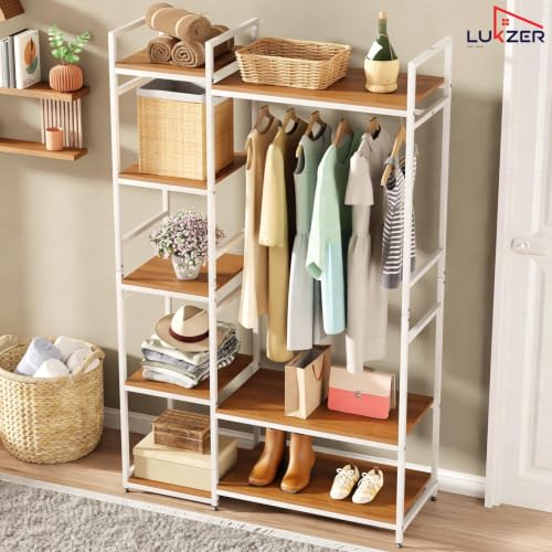Image of Lukzer Heavy Duty Garment Rack with 8 Shelves & Hanging Rod | Free-Standing Modern Clothes Stand Metal & Engineered Wood Shoe Rack with Adjustable Foot Pads for Living Room - MMR-004 /White & Oak Brown