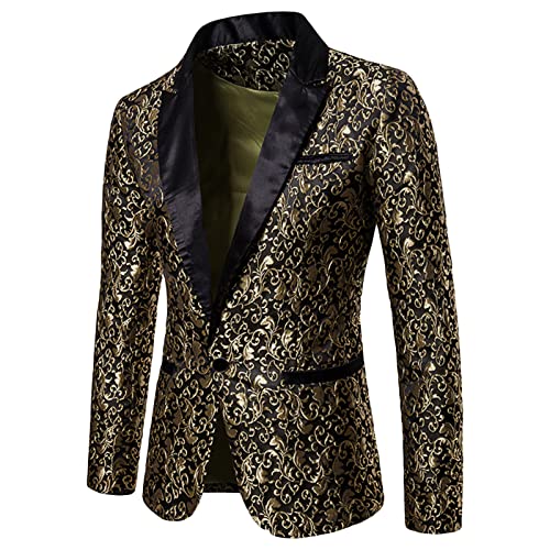 Men's Floral Jacquard Suit Jacket One Button Stylish Print Tux Blazer Notched Lapel Wedding Dinner Dress Tuxedo (Golden,X-Large)