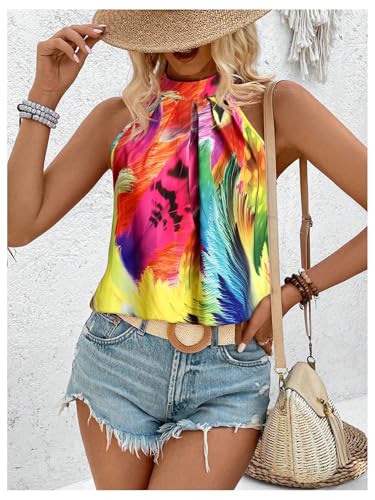 Image of RoseSeek Women's Tropical Paisley Halter Blouse Boho Shirt Vacation Tops