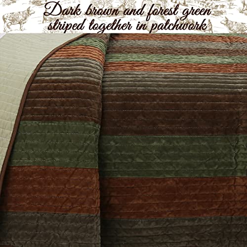 Cozy Line Home Fashions Rhett Dark Brown Sage Green Bold Striped Velvet Reversible Quilt Bedding Set, Coverlet, Bedspread Set (Brown/Sage, King - 3 Piece) #TOP2