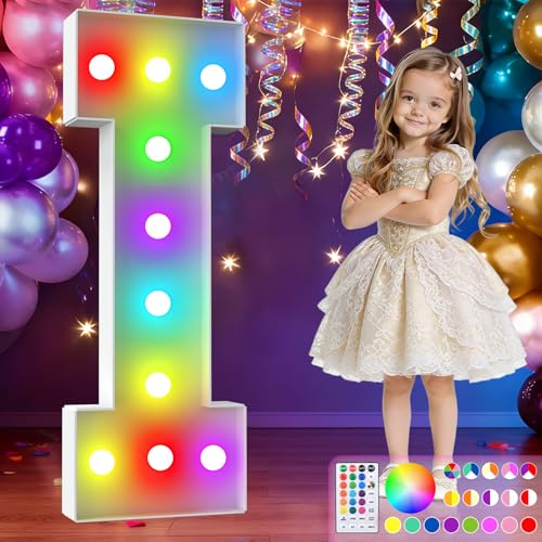 Image of 3FT Colorful Marquee Letters,18-Color Letter I with Remote Control Large Light Up Numbers Sign,Pre-Cut Foam Board Set for Party Decoration, Birthdays, Weddings, Graduations, Baby Anniversaries