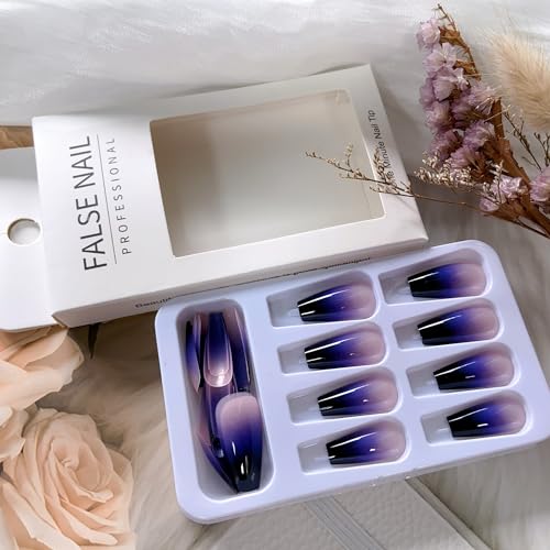 Medium Press on Nails Coffin Fake Nails Purple and Black Gradient French Press on False Nails Acrylic Nails Full Cover Glossy Glue on Nails Medium Reusable Artificial Stick on Nails for Women Girls - Image 5