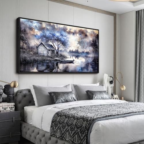 ERQINHUA Large Wall Decor For Living Room Canvas Wall Art For Office Bedroom Blue Tree Lakeside Landscape Painting Black Frame Artwork Pictures Modern Beach Posters Ready To Hang Home Decor 30"x60"