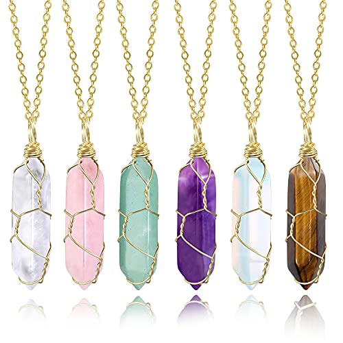 Collier en Cristal de Guérison, 6 Pièces - Pendentif Hexagone en Pierre Gemme, Améthyste Verte, Quartz Rose Or pour Femme