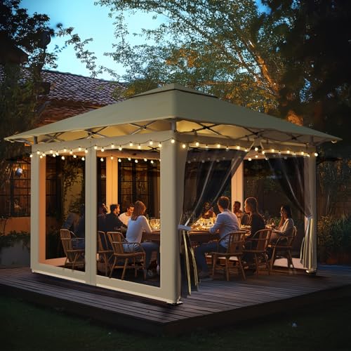 arvioo Gartenpavillon 3x3m, Gartenkomfort Deluxe, Pop Up Pavillon mit 4 Moskitoseitenwänden & Belüftungslöcher, Windschutz UV-Schutz, 3-Stufen Höhenverstellbar, aus Metall & 210D Oxford-Gewebe (Khaki)
