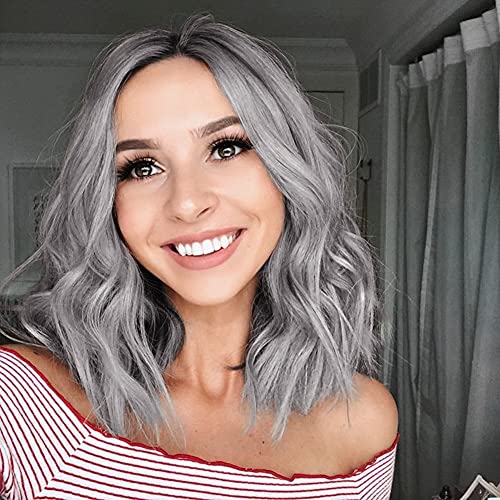WIGER Ombre Wig Grey Hair Short Bob Wavy Curly Wigs Synthetic Costume Cosplay Halloween Party Wigs Heat Resistant Side Part Bob Wig for Women