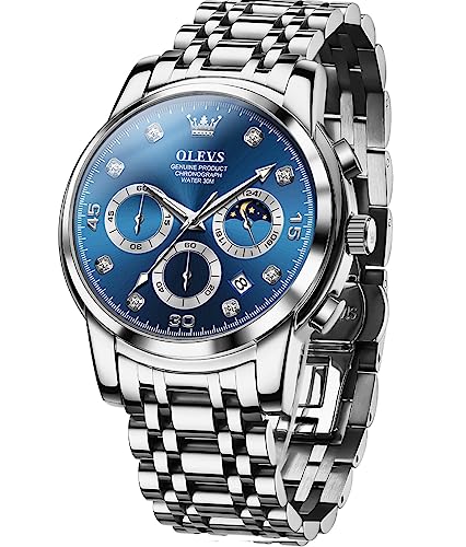 OLEVS Silver Watches for Men Blue Chronograph Stainless Steel Mens Watches Big Face Classic Luxury Men's Wrist Watches with Date Waterproof Dress Male Watches, Reloj para Hombre