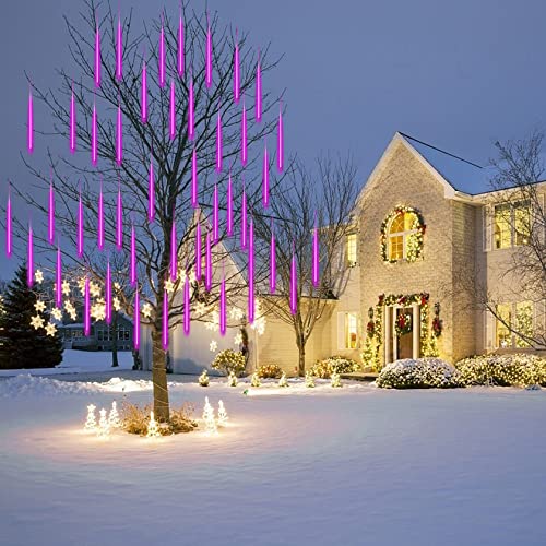 CGUOZI Lumières de douche de météore, lumières tombantes avec 30cm 8 Tubes 192 LEDS imperméable pour la décoration extérieure d'arbres de fête de jardin Violet Cover