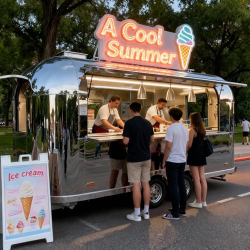 Electric Food Truck & Silent Generator Trailer Pair – Eco-Conscious Stainless Steel Setup, for Quiet Zone Coffee, Pastry and Library Event Vending