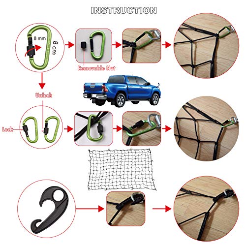 Seah Hardware 4 X 6 Ft Super Duty Bungee Cargo Net For Truck Bed Stretches To 8 X 12 Ft | 24 Pieces Universal Hooks| Small 4 X 4 Inches Mesh| Universal Heavy Duty Car Rear Organizer Net #TOP6