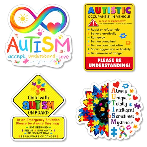 (4 Pcs) Autism Awareness Stickers - Autism Stickers for Car Bumper Truck Tumbler Laptop - Autism Decals for Car - 4 Inch Autistic Child On Board Stickers