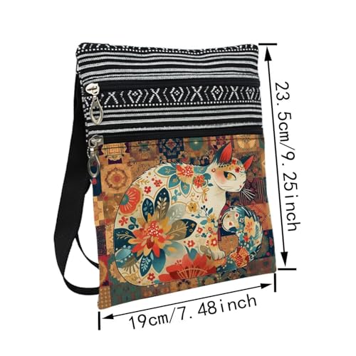 Patchwork Floral Cat Messenger Bag Small Ethnic Pattern Printed Adjustable Strap Crossbody Zipper Bag Patchwork Floral Cat Phone Bag Wallet Cute Shoulder Handbag for Women Friends -12