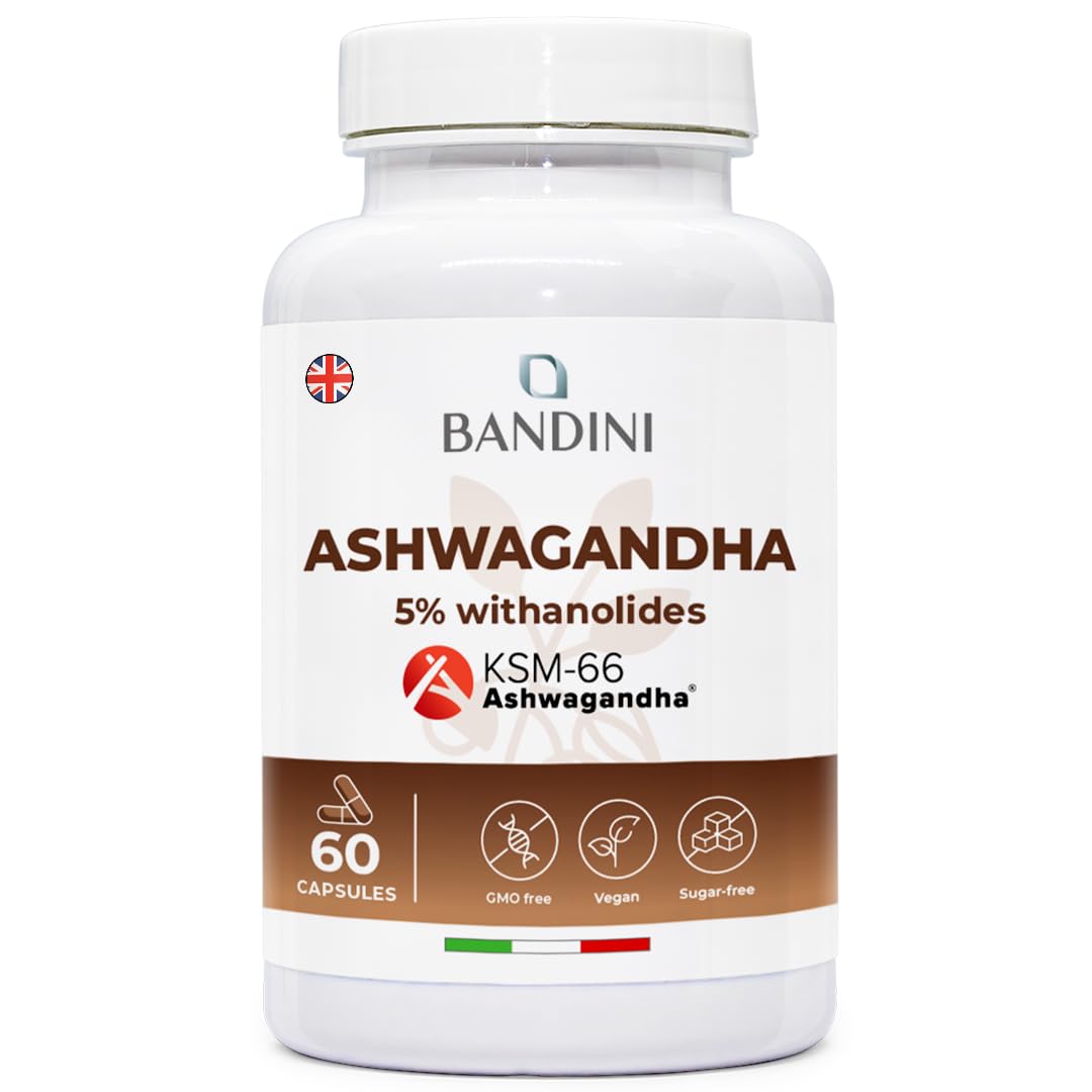 Bandini® Ashwagandha KSM-66® Vegan (60 Capsules) - Withania Somnifera, 5% witanolides - Pure KSM Premium Quality - Natural Supplement from Indian Ginseng Powder - Ayurvedic Remedy for Stress & Sleep