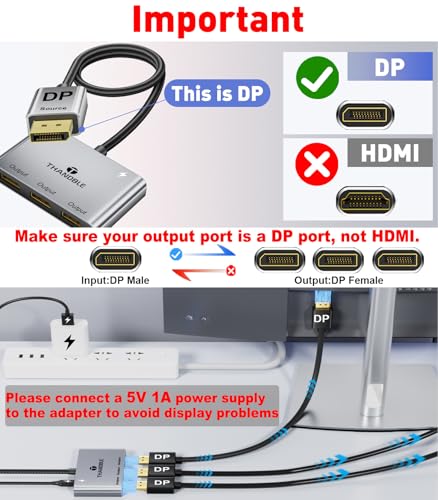 Image of DisplayPort Splitter for Multi Monitor Extended Display, 4K 60Hz 3xDP MST Hub Display Port to 3 Display Port 1 in 3 Out Adapter for NVIDIA, AMD, PC, Windows