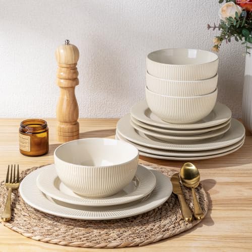 Image of GBHOME Ceramic Dinnerware Sets,12 pcs Embossed Elegant Stoneware Plates and Bowls Sets, Housewarming Wedding Gift | Dishwasher & Microwave Safe | Dishes Set Service for 4