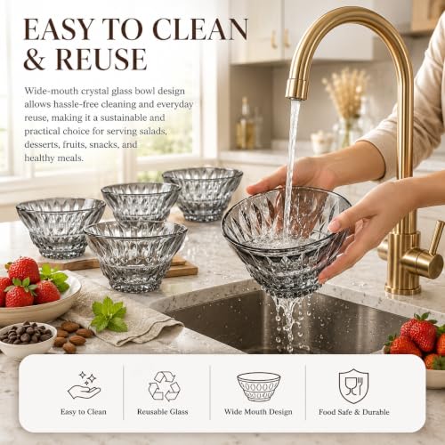 Image of WRINGO Glass Bowls for Kitchen Prep, Dessert, Dips, and Candy Dishes, Cake, Snack Bowl Set of 6 Or Nut Bowl, and Microwave Safe Clear Glass Bowls for Mixing, Storing Size 5 Inch (Set of 6, WD-10)