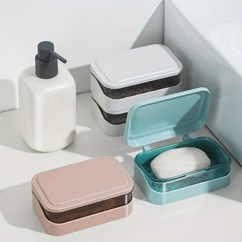 Image of Wall Mounted Soap Box with Flip Cover and Drain Tray | Detachable Inner Support | Adhesive Sticker Installation | ABS Soap Holder for Bathroom (Portable Soap Holder)